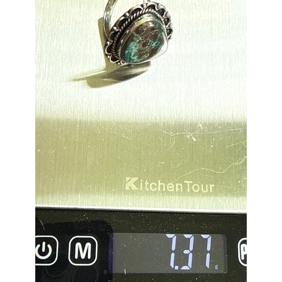 Azurite or Chrysocolla Silver-Tone Ring Size 9 Intricate Rope & Scallop Design - Picture 5 of 6